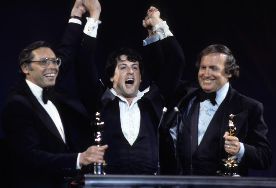 THE 49TH ANNUAL ACADEMY AWARDS - Show Coverage - Airdate: March 28, 1977. (Photo by ABC Photo Archives/Disney General Entertainment Content via Getty Images)
IRWIN WINKLER;SYLVESTER STALLONE;ROBERT CHARTOFF