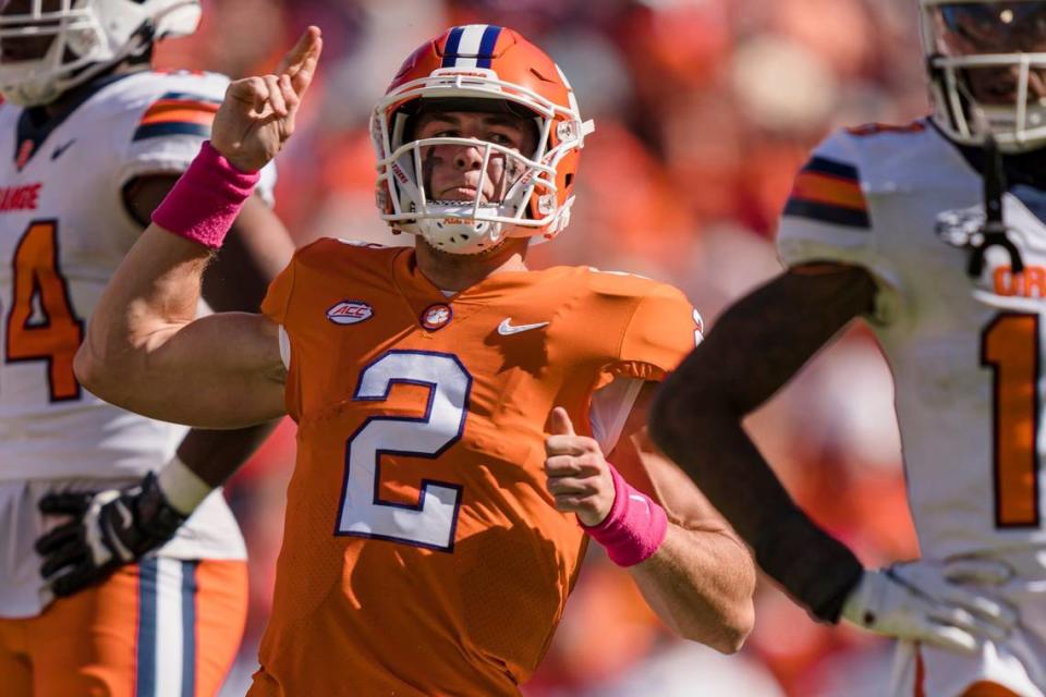 Clemson quarterback Cade Klubnik (2) reacts in the second half during an NCAA college football game against Syracuse on Saturday, Oct. 22, 2022, in Clemson, S.C.