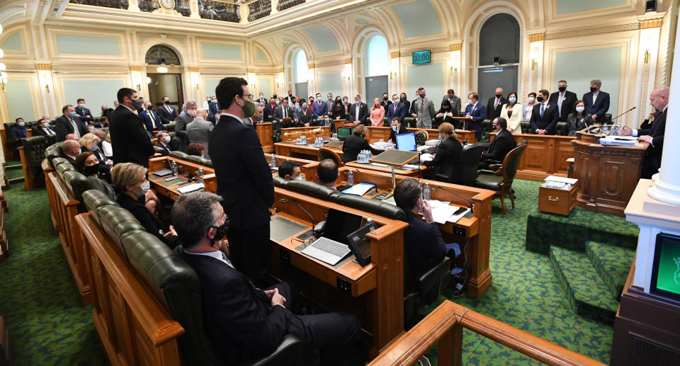 Queensland Parliamentarians are seen during a vote for the second reading of the Voluntary Assisted Dying Bill at Queensland Parliament in Brisbane, Thursday, September 16, 2021. Source: AAP