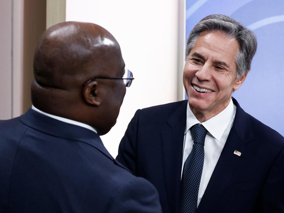 US Secretary Antony Blinken smiles as he speaks with DRC President Felix Tshisekedi