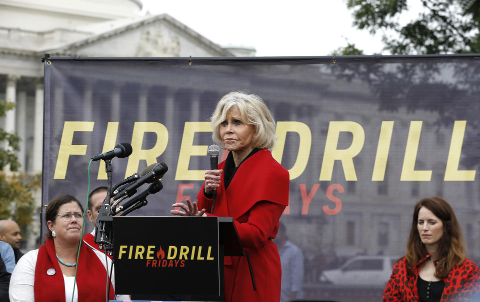 WASHINGTON, DC - OCTOBER 25: Actor Jane Fonda speaks during "Fire Drill Friday" Climate Change Protest on October 25, 2019 in Washington, DC .Protesters demand Immediate Action for a Green New Deal. Clean renewable energy by 2030, and no new exploration or drilling for Fossil Fuels.  (Photo by John Lamparski/Getty Images)