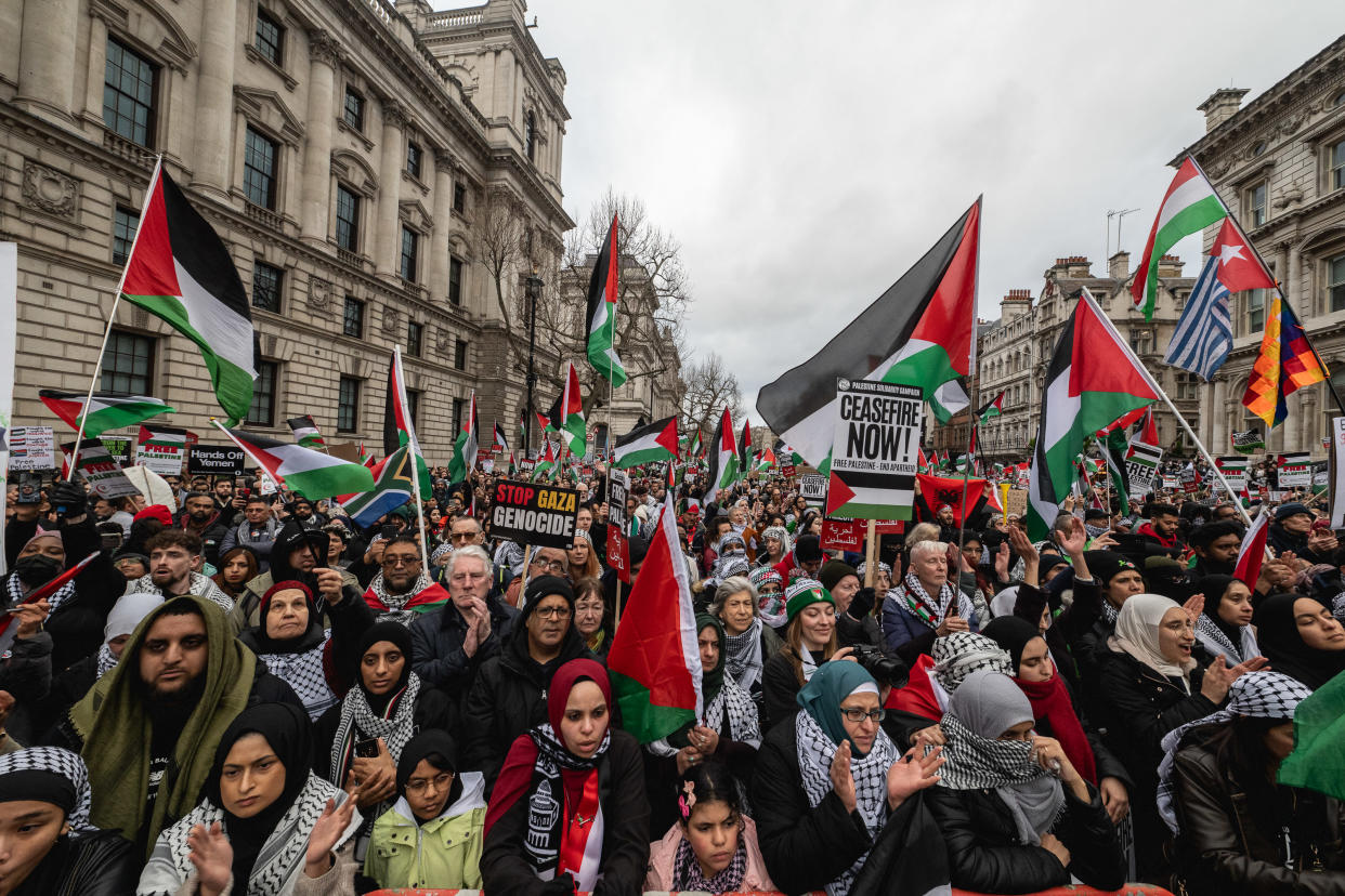 LONDON, ENGLAND - FEBRUARY 3: Tens of thousands attend the rally in Whitehall on February 3, 2024 in London, England. Hamas officials are studying a proposed cease-fire deal that would include long pauses in fighting in Gaza and the swap of Israeli hostages taken by Hamas on October 7, 2023, for Palestinian prisoners in Israeli jails. (Photo by Guy Smallman/Getty Images)