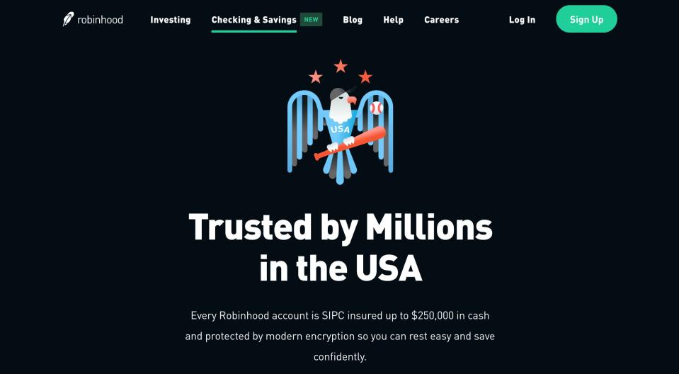 A screenshot of Robinhood's website, which says the accounts are "SIPC insured."