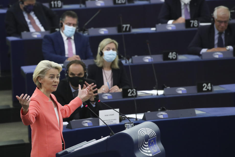 European Commission President Ursula von der Leyen delivers a State of the Union Address at the European Parliament in Strasbourg, France, Wednesday, Sept. 15, 2021. The European Union announced Wednesday it is committing 200 million more coronavirus vaccine doses to Africa to help curb the COVID-19 pandemic on a global scale. (Yves Herman, Pool via AP)