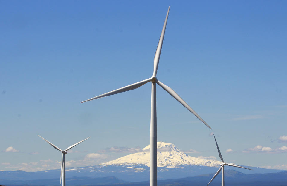 FILE - In this June 3, 2011, file photo, wind turbines stand along the Columbia River Gorge near Goldendale, Wash. Renewable energy developers say they are hopeful about the future despite President-elect Donald Trump's promise to bring coal mining jobs back. In recent years, huge solar and wind farms have sprouted up on public desert land in the Western United States buoyed by generous federal tax credits. (AP Photo/Rick Bowmer, File)