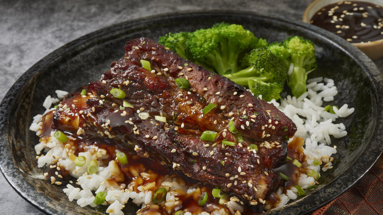 Korean sticky marinated beef over rice