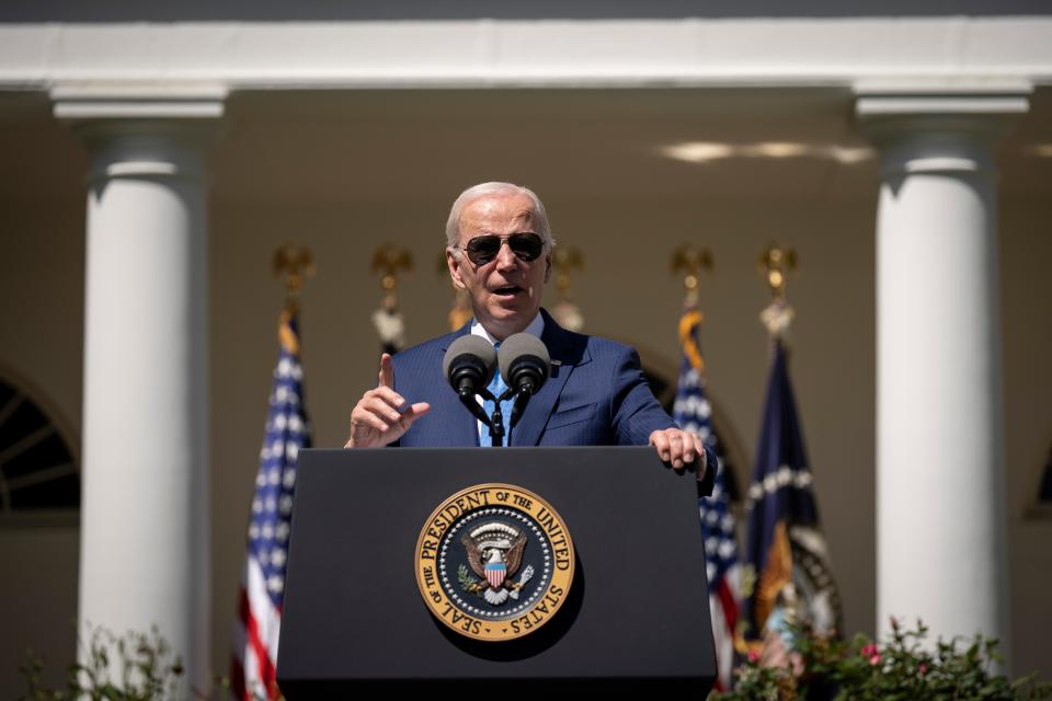 WASHINGTON, DC - APRIL 18: U.S. President Joe Biden speaks before signing an executive order related to childcare and eldercare during an event in the Rose Garden of the White House April 18, 2023 in Washington, DC.