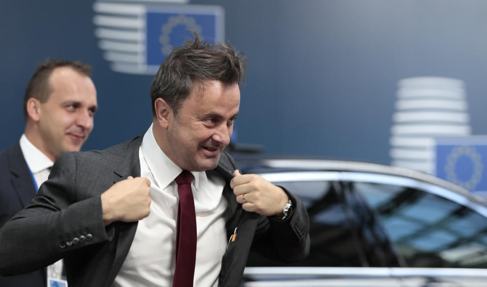 Luxembourg's Prime Minister Xavier Bettel arrives for an EU summit at the Europa building in Brussels, Friday, June 21, 2019. EU leaders conclude a two-day summit on Friday in which they will discuss the euro-area. (AP Photo/Virginia Mayo, Pool)