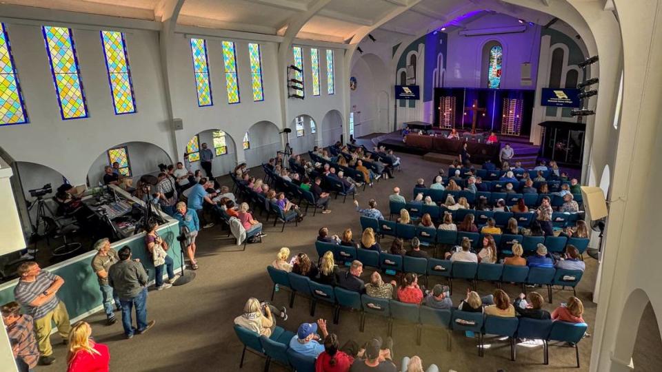 Residents of San Luis Obispo neighborhoods near the planned Welcome Home Village fill Renovate Church for a community meeting Wednesday, May 2, 2024. Many residents asked questions related to project site security, parking and the project’s location in a residential neighborhood.
