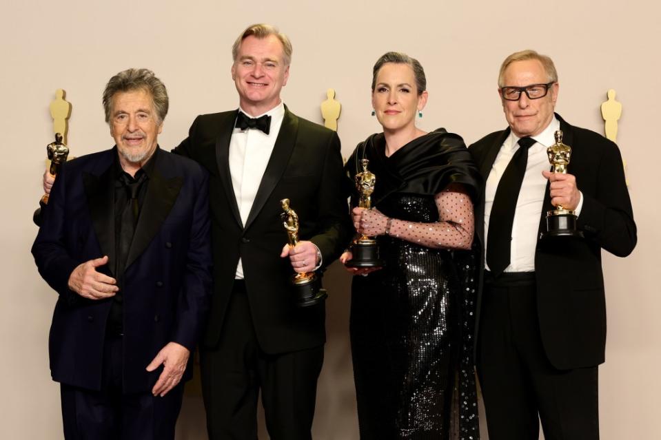 Christopher Nolan’s (second from left) film, which was nominated for 13 awards, took home the top award, beating out “American Fiction,” “Barbie,” “Anatomy of a Fall,” “The Holdovers,” “Poor Things,” “The Zone of Interest,” “Killers of the Flower Moon,” “Past Lives” and “Maestro.” Arturo Holmes/Getty Images