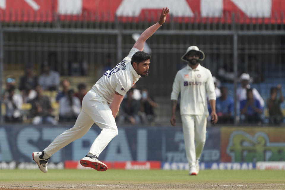 India's Umesh Yadav bowls a delivery during the second day of third cricket test match between India and Australia in Indore, India, Thursday, March 2, 2023. (AP Photo/Surjeet Yadav)