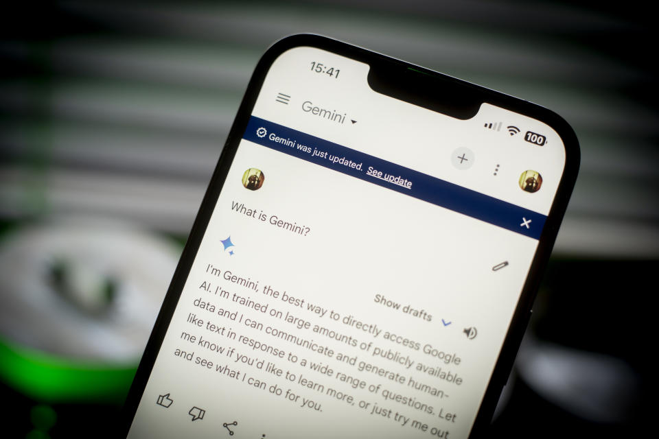 The Google Gemini AI interface is seen on an iPhone browser in this photo illustration on 13 March, 2023 in Warsaw, Poland. (Photo by Jaap Arriens/NurPhoto via Getty Images)
