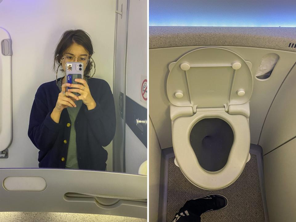 The author uses the bathroom during the flight.