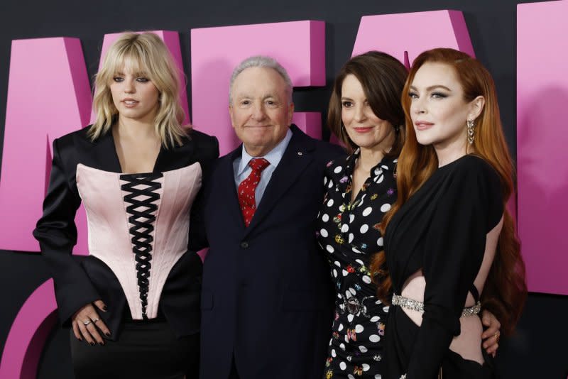 Reneé Rapp, Lorne Michaels, Tina Fey and Lindsay Lohan, from left to right, attend the New York premiere of "Mean Girls" on Monday. Photo by John Angelillo/UPI