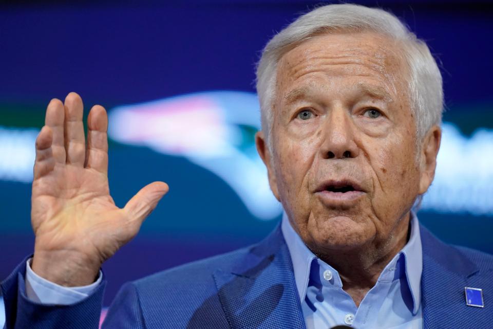 New England Patriots team owner Robert Kraft faces reporters Thursday, Jan. 11, 2024, in Foxborough, Mass., during an NFL football news conference held to discuss the departure of former Patriots head coach Bill Belichick. Belichick's departure brings to an end to his 24-year tenure as the architect of the most decorated dynasty of the league's Super Bowl era. (AP Photo/Steven Senne)