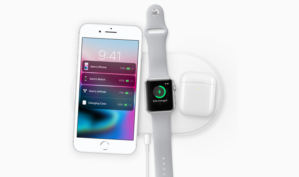 iPhone, Apple Watch, and AirPods charging on AirPower