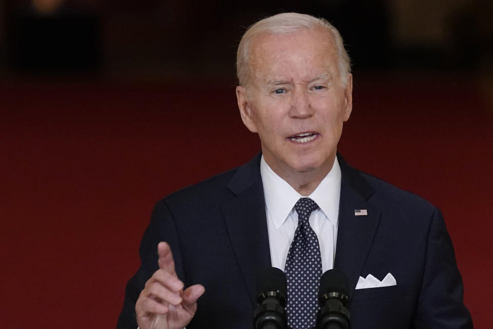 President Joe Biden speaks about the latest round of mass shootings, from the East Room of the White House in Washington, Thursday, June 2, 2022. Biden is attempting to increase pressure on Congress to pass stricter gun limits after such efforts failed following past outbreaks. (AP Photo/Evan Vucci)