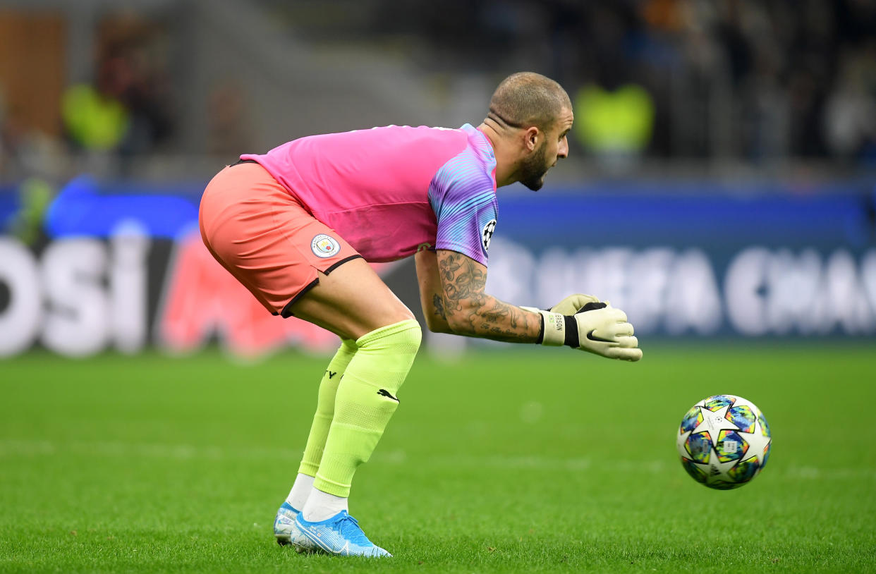 Soccer Football - Champions League - Group C - Atalanta v Manchester City - San Siro, Milan, Italy - November 6, 2019  Manchester City's Kyle Walker in action after coming on as a substitute goalkeeper              REUTERS/Daniele Mascolo