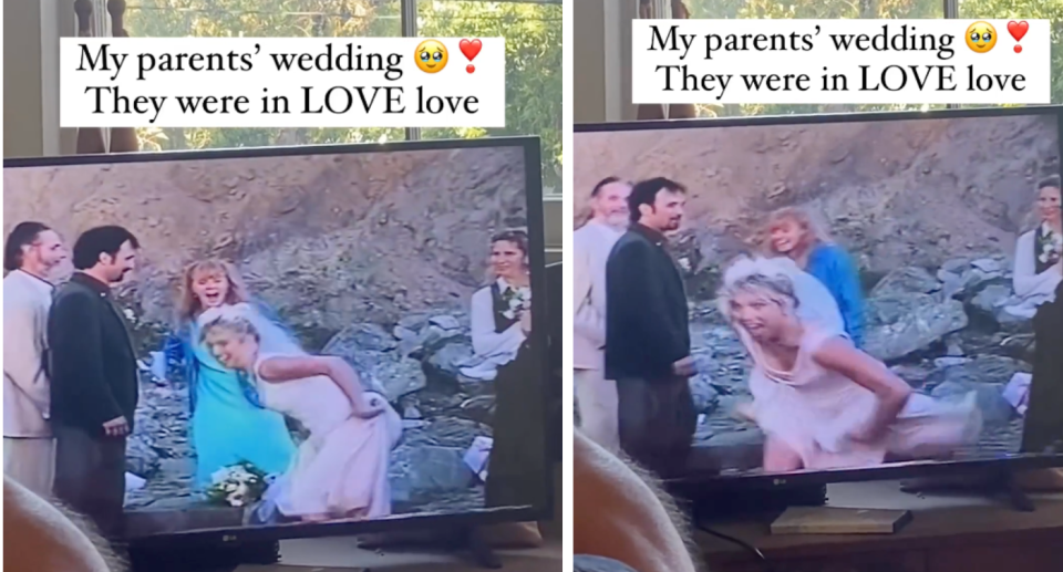 Bride runs away from groom in stills from a viral video online.