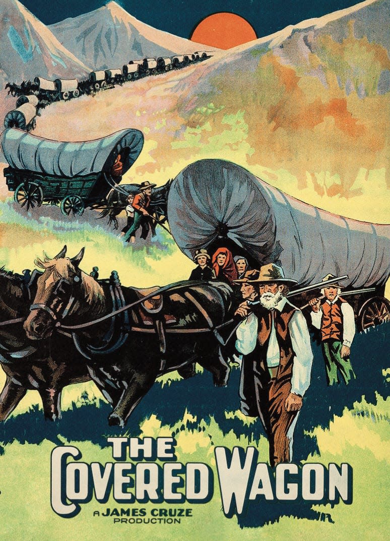 A promotional poster for 'The Covered Wagon' (1923), to be screened with live music on Wednesday, June 21 at 6 p.m. at the historic Leavitt Theater, 259 Main St, Route 1 in Ogunquit, Maine. Admission is $12 per person. For more info, call (207) 646-3123 or visit www.leavittheatre.com.