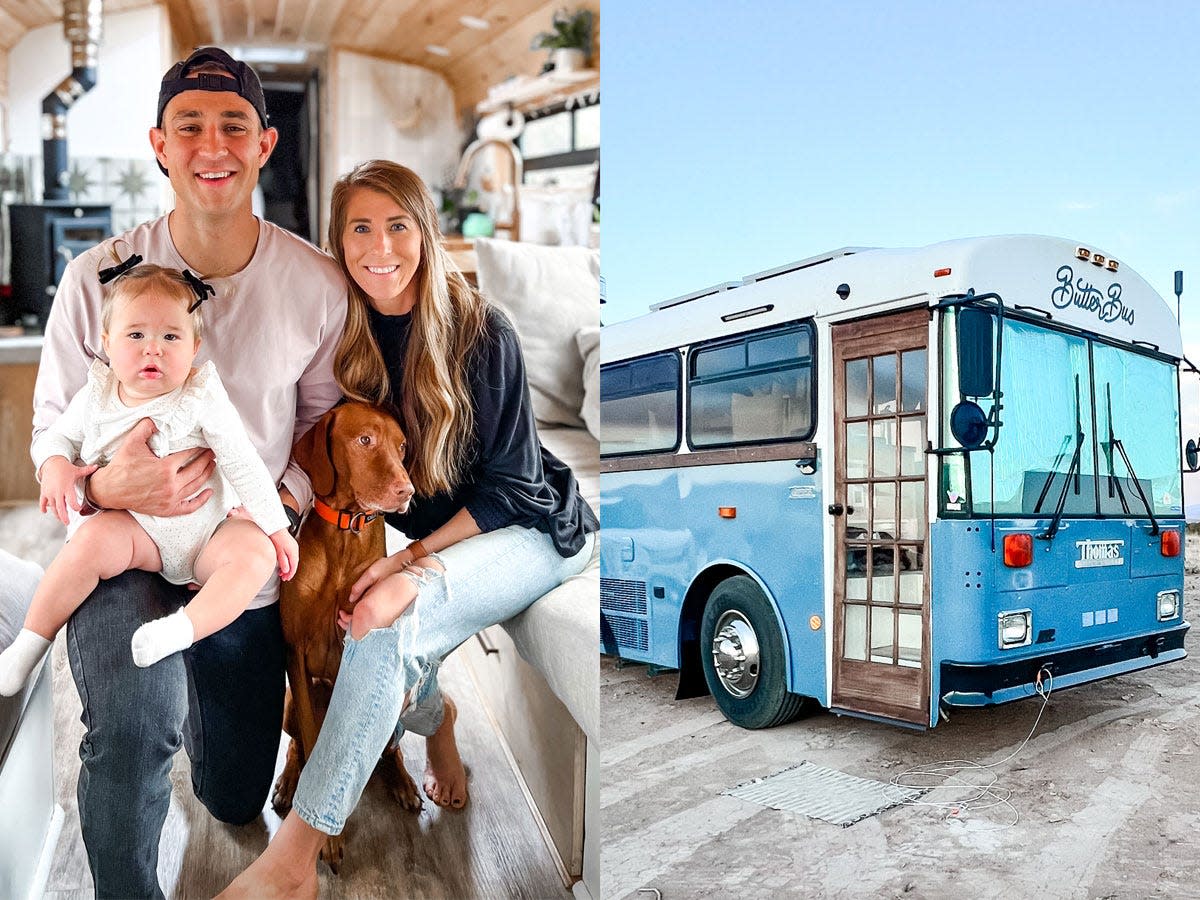 Kristin Reid and her husband and baby on the left, their converted school bus on the right