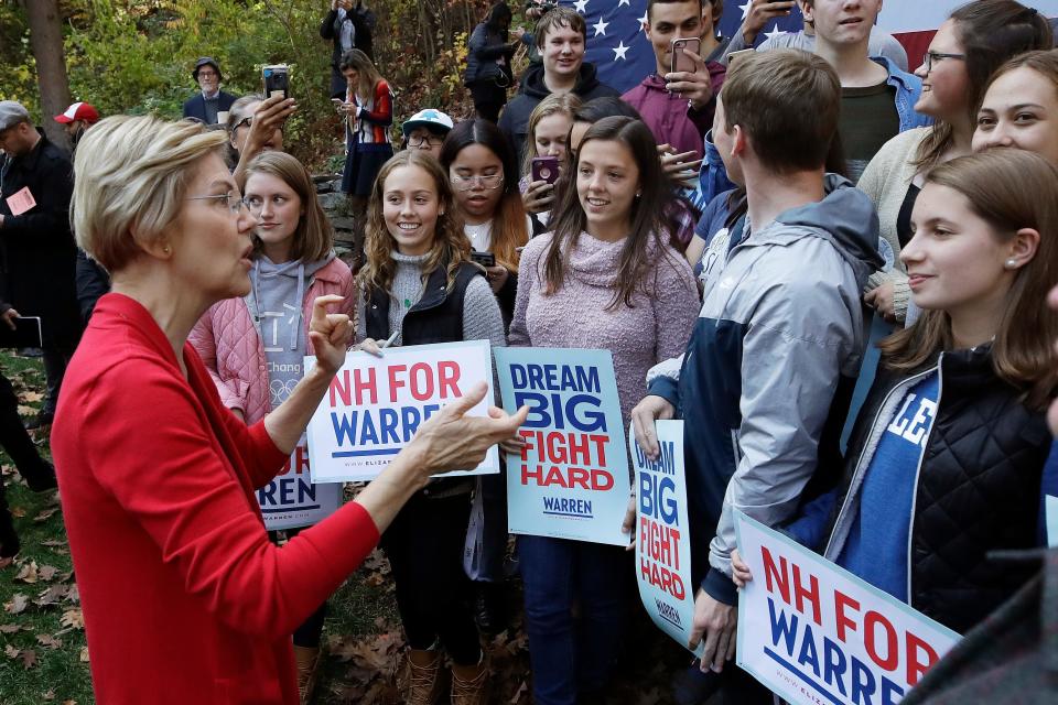 Democratic presidential candidate Sen. Elizabeth Warren, D-Mass., speaks with area high school students at a campaign event on the campus of Dartmouth College, Thursday, Oct. 24, 2019, in Hanover, N.H. (AP Photo/Elise Amendola)