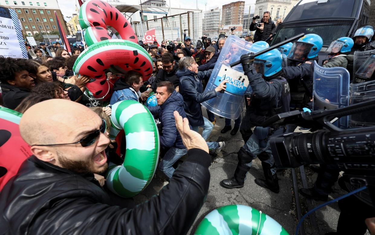 Pro-Palestinian activists clash with police, as they try to embark on a ferry to protest G7 meeting at Capri