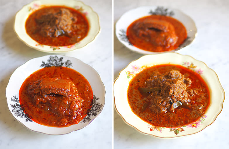 You can pair your rice or 'pulut' with 'sambal sotong' where the reconstituted dry calamari has a nice texture (left), Go for the beef 'rendang' that pairs beef chunks with a rich sauce with coconut milk.