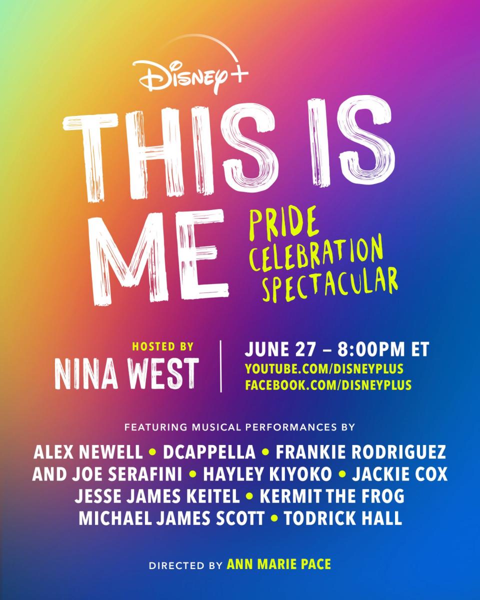 A rainbow-colored poster advertising Disney+'s This Is Me Pride event, with talent names listed.