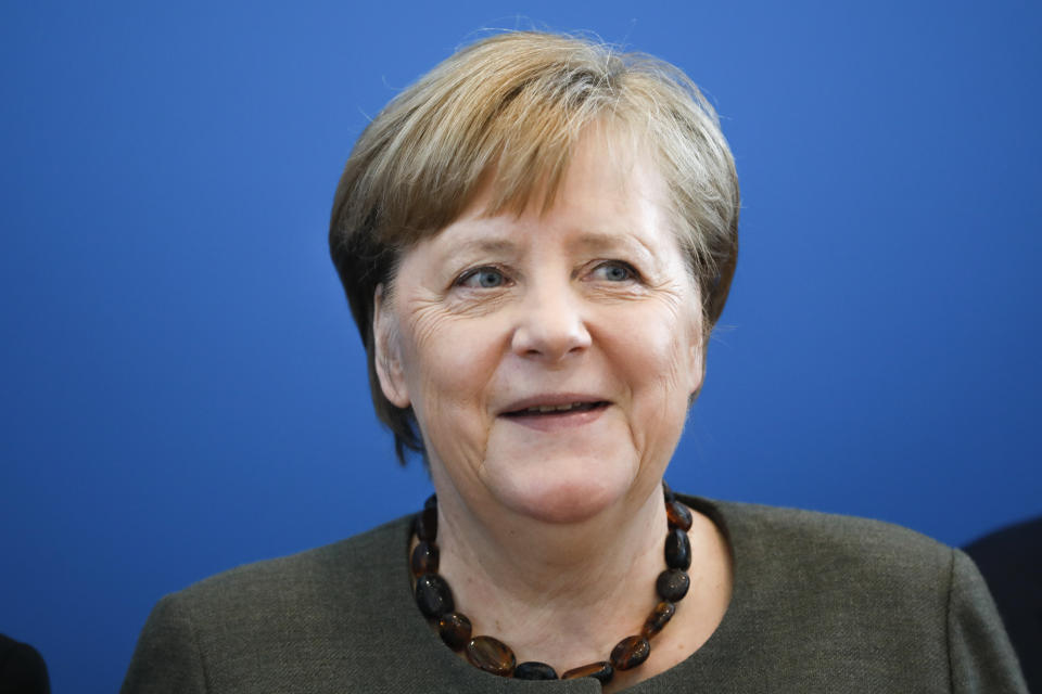 German Chancellor Angela Merkel attends a Christian Democratic Union party board meeting at the headquarters in Berlin, Germany, Monday, Feb. 24, 2020. (AP Photo/Markus Schreiber)