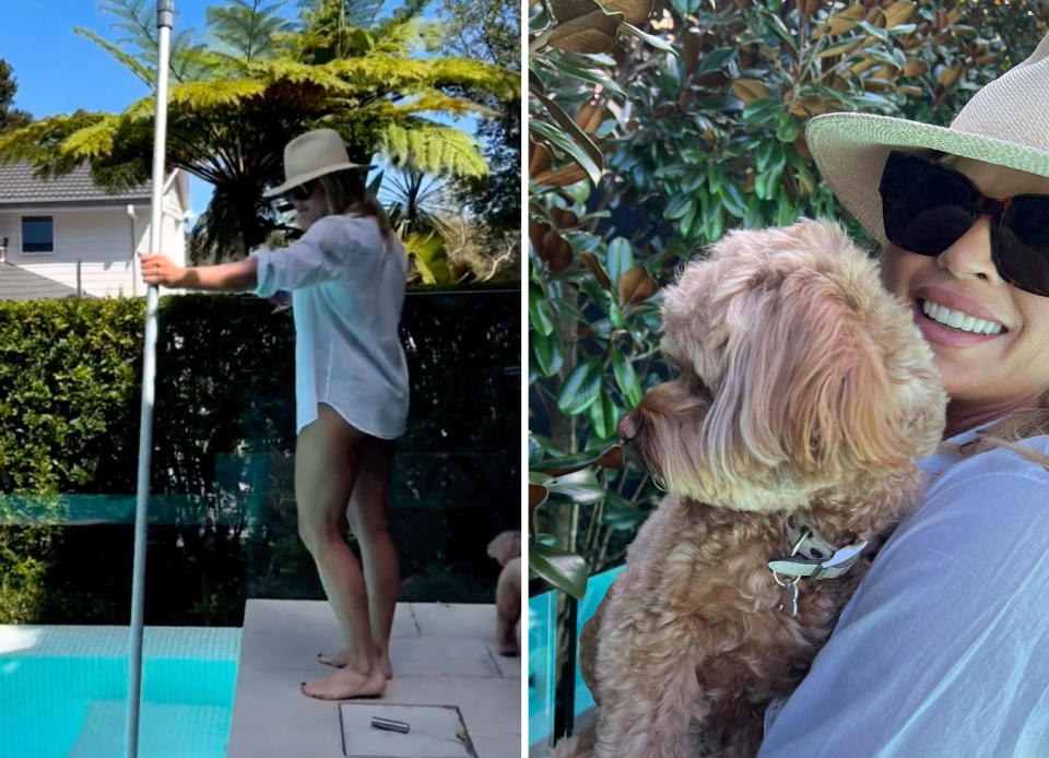 L: Sonia Kruger stands next to a pool holding a pool cleaning net. R: Sonia Kruger cuddles her dog while wearing dark sunglasses and a wide brimmed hat