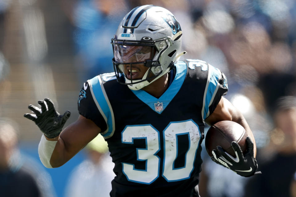 Carolina Panthers running back Chuba Hubbard runs against the Philadelphia Eagles during the first half of an NFL football game Sunday, Oct. 10, 2021, in Charlotte, N.C. (AP Photo/Nell Redmond)