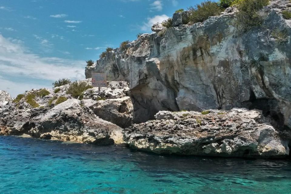 The approach to Thunderball Grotto, where a sign reads 