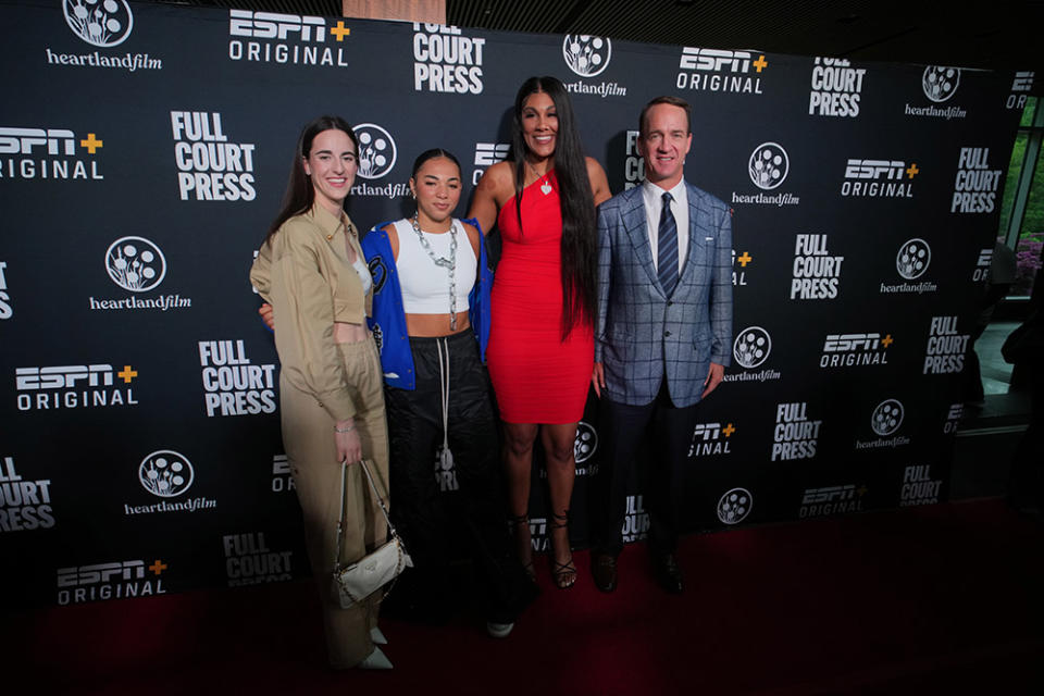 The Tobias Theater at Newfield: Caitlin Clark, Kiki Rice, Kamilla Cardoso, and Peyton Manning on the red carpet for the Heartland Film Full Court Press screening.