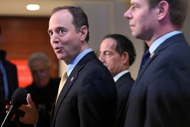 House Intelligence Committee Chair Rep. Schiff speaks to media during impeachment inquiry deposition on Capitol Hill in Washington