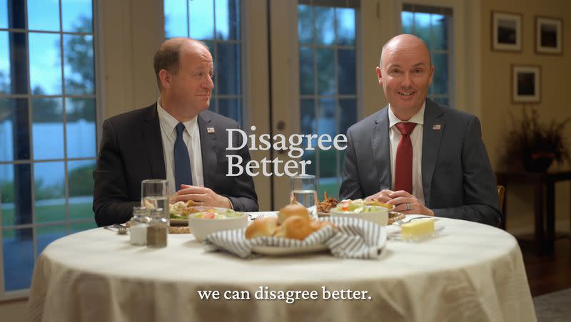 Jared Polis, the Democratic governor of Colorado, and Spencer Cox, the Republican governor of Utah, appear in a video together as part of the “Disagree Better” initiative by the National Governors Association.
