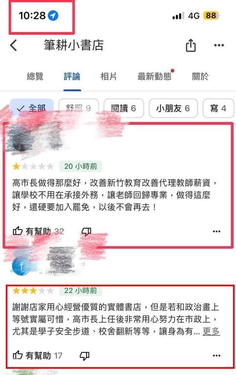 《圖說》李國璋在臉書貼圖指出，「筆耕小書店」只有1個 Google一星負評。（圖／李國璋議員臉書粉絲專頁）