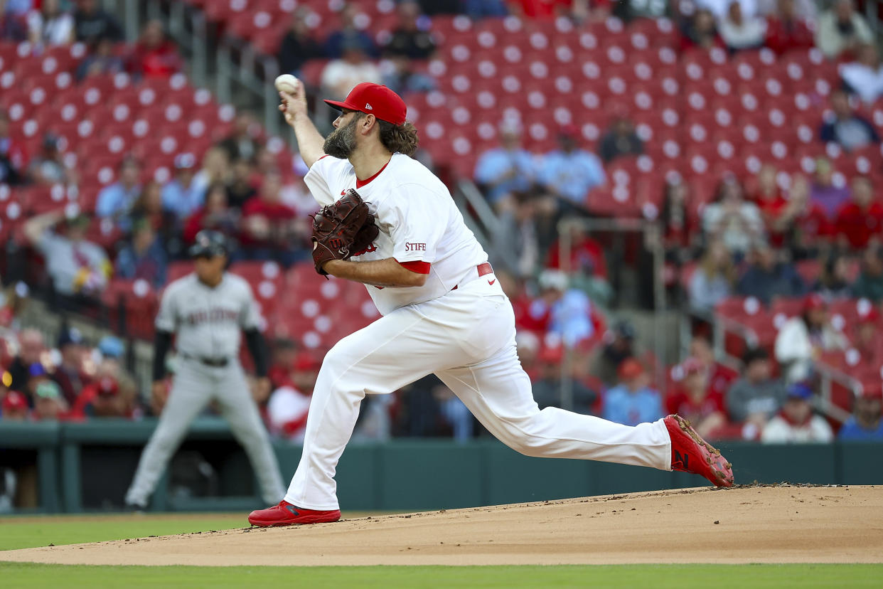 St. Louis Cardinals starting pitcher Lance Lynn throws during the first inning of a baseball game against the Arizona Diamondbacks, Monday, April 22, 2024, in St. Louis. (AP Photo/Scott Kane)