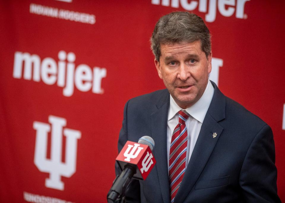 Vice President and Director of Intercollegiate Athletics Scott Dolson introduces Indiana's newly announced head coach of football Curt Cignetti on Friday, Dec. 1, 2023.