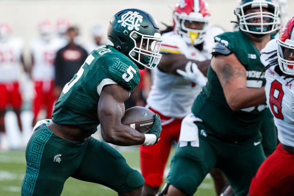 Michigan State running back Nathan Carter runs against Maryland during the second half of MSU's 31-9 loss on Saturday, Sept. 23, 2023, in East Lansing.