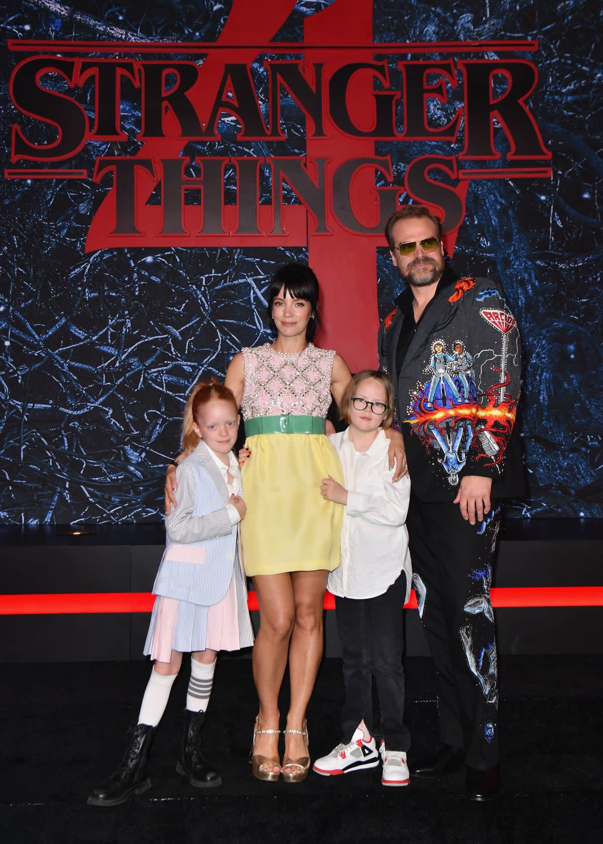 Lily Allen with her husband David Harbour and daughters Marnie Rose Cooper and Ethel Cooper at the ‘Stranger Things’ season four premiere in New York City on 14 May 2022 (AFP via Getty Images)