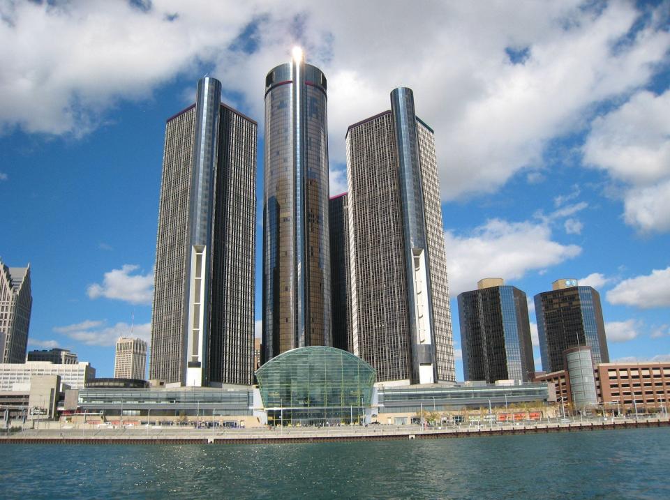 The Renaissance Center, headquarters of General Motors, shown from the Detroit River.