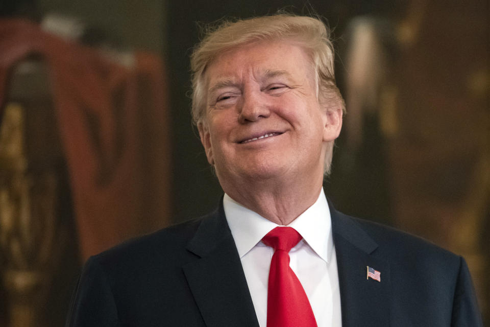 President Trump smiling on Thursday, the day the Mueller report was released. (Photo: Joshua Roberts/Bloomberg via Getty Images)