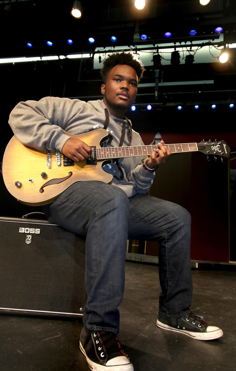 Musician Kadir Muhammad poses on stage inside of the Gastonia Little Theater on Clay Street Friday afternoon, Nov. 11, 2022.