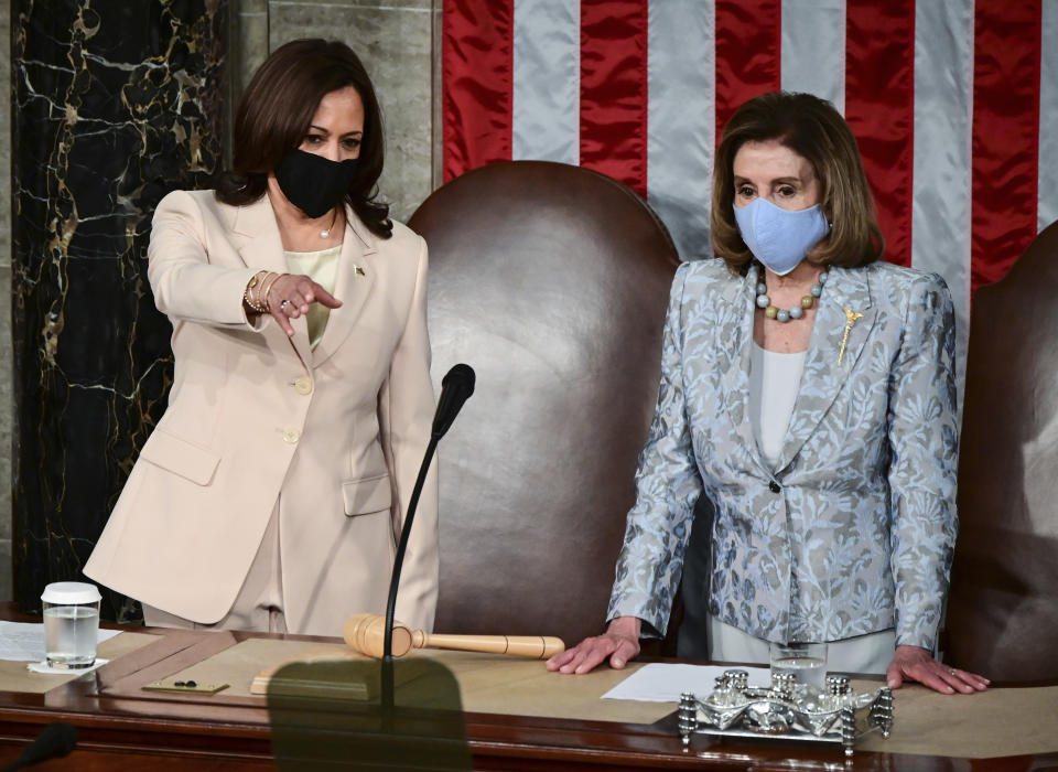 Vice President Kamala Harris, left, speaks with House Speaker Nancy Pelosi of Calif., ahead of President Joe Biden addressing a joint session of Congress, Wednesday, April 28, 2021, in the House Chamber at the U.S. Capitol in Washington. (Jim Watson/Pool via AP)