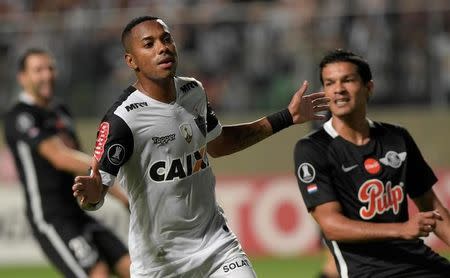 Soccer Football - Copa Libertadores - Brazil's Atletico Mineiro v Paraguay's Libertad - Independencia stadium, Belo Horizonte, Brazil - 26/4/17 - Robinho (in white) of Atletico Mineiro celebrates after scoring a goal. REUTERS/Washington Alves