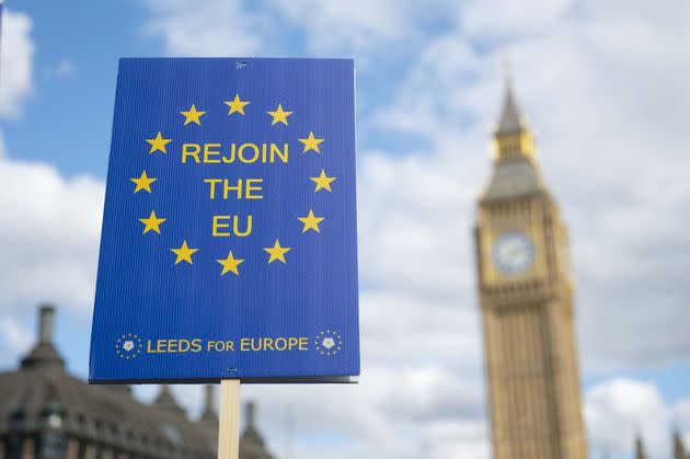 A view of the European Union flag next to the Big Ben as pro-EU demonstrators take part in a rally calling for the UK to rejoin the European Union.