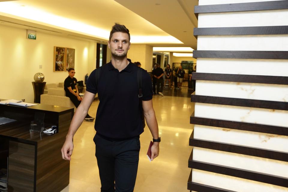 <p>Sven Ulreich of FC Bayern Muenchen arrives at Jet Quay Private Terminal ahead of the International Champions Cup on July 23, 2017 in Singapore. </p>