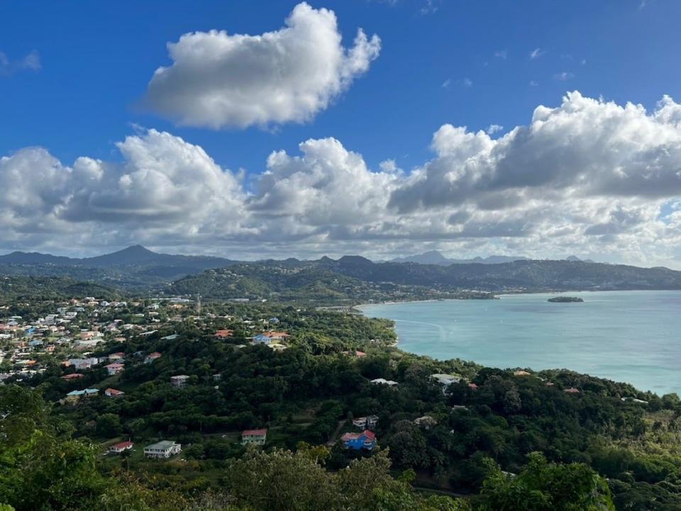 An aerial view of St Lucia, with mountains and blue water in the background. Houses and buildings are located within the trees.