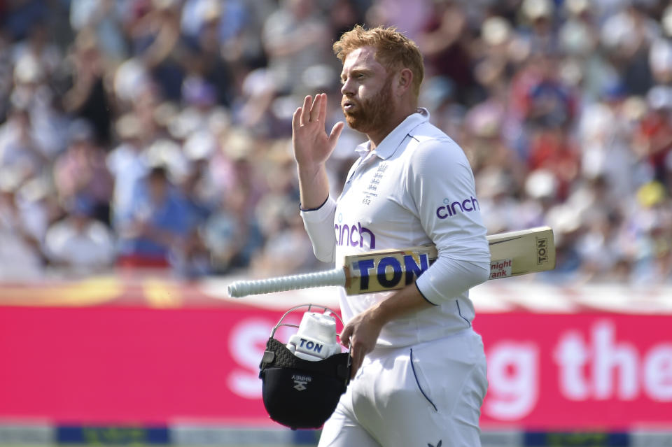 England's Jonny Bairstow after he is stumped on day one of the first Ashes Test cricket match between England and Australia at Edgbaston, Birmingham, England, Friday, June 16, 2023. (AP Photo/Rui Vieira)